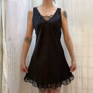 Black Satin Nighty with Embroidery and Ruffled Lace Trim Chemise Nightie 90s